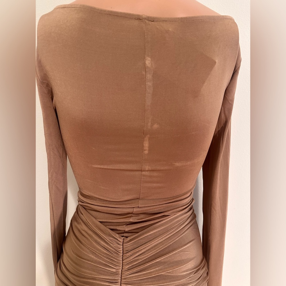 Helsa Josephine Dress in Truffle brown long sleeve bodycon ruched maxi jersey - Picture 8 of 9